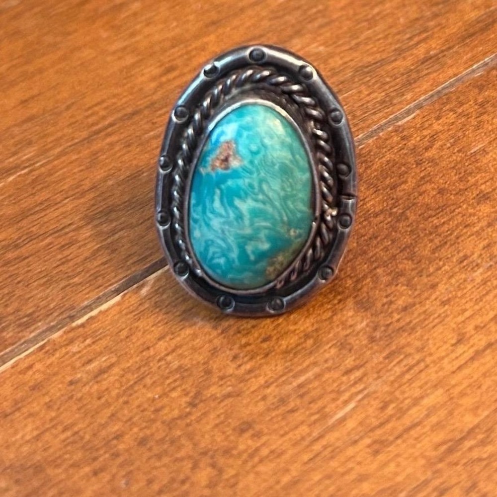 Vintage Southwestern Turquoise Oval Ring Split Shank Silver Size 5.25